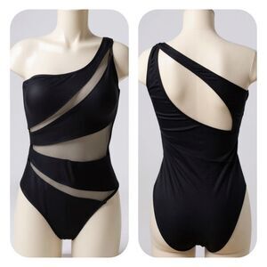 Black One-Shoulder Mesh Cut Out One-Piece Swimsuit. Size Large